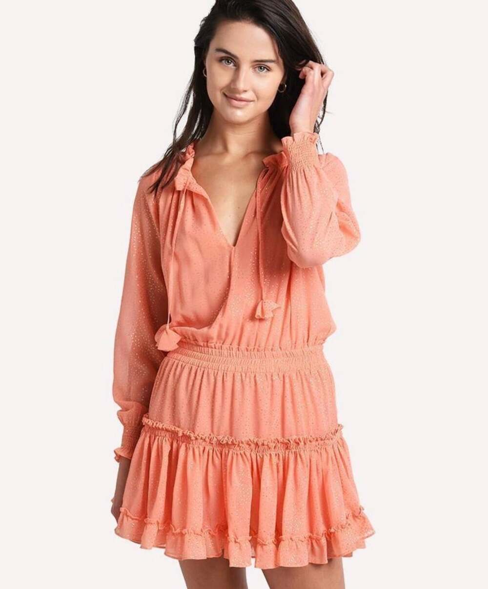 MISA Los Angeles Melodie Dress Peach Gold Metallic Ruffle Mini Dress size M